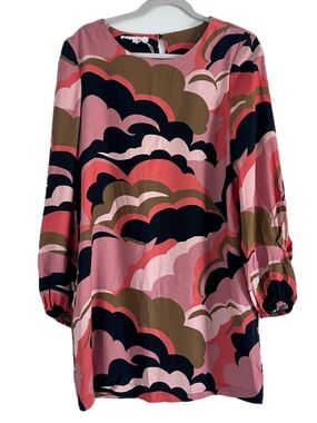 Corey Lynn Calter Shift Dress Abstract Retro 60s 70s Long Puff Sleeves Lined Med
